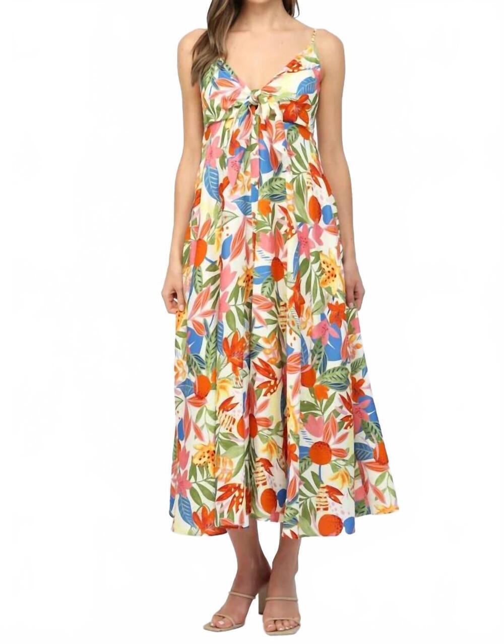 NEW FATE spaghetti strap midi dress in white multi